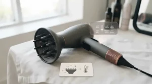 Hair dryer with built-in diffuser and heat settings panel.