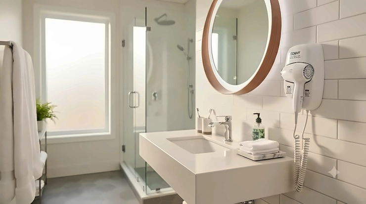Modern bathroom wall mounted hair dryer for hotels and homes in Canada.