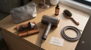 Flatlay illustration of a battery powered hair dryer bundle including a styling concentrator nozzle and travel pouch.