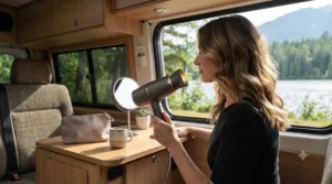Vector illustration of a traveler using a battery powered hair dryer inside a camper van during an outdoor Canadian road trip.