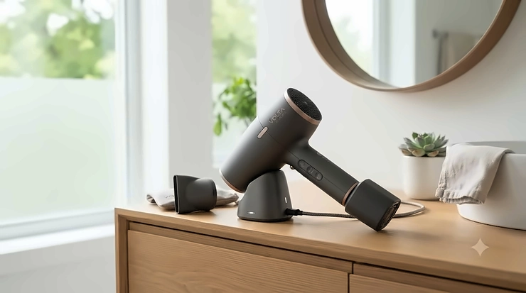 Sleek battery powered hair dryer on a modern bathroom vanity, designed for portable styling across Canada. / Séchoir à cheveux à piles élégant sur une vanité de salle de bain moderne.