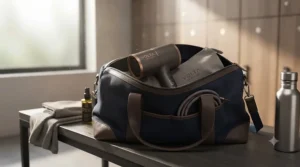 Illustration of a gym bag containing a compact battery powered hair dryer for post-workout routines during chilly Canadian winters.