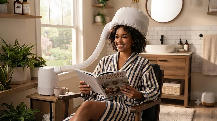 Person with curly hair using the best bonnet hair dryer for professional deep conditioning.