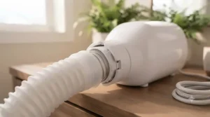 Detailed view of the best bonnet hair dryer attachment connected to a handheld dryer.