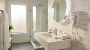 Durable wall mounted hair dryer for hotel bathrooms and hospitality.