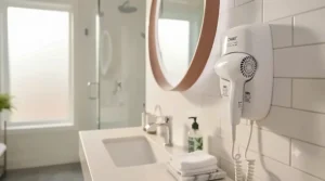 Compact wall mounted hair dryer saving space in small Canadian bathrooms.