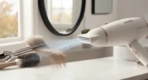 Close-up illustration of a precision concentrator nozzle directing gentle airflow from a low-wattage hair dryer to smooth fine strands.