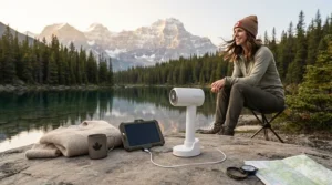 A graphic showing a cordless travel hair dryer being used effortlessly at a remote campsite, highlighting true portability across Canada.