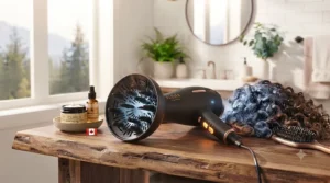 Using a hair dryer for curly hair safely. | Utilisation sécuritaire d'un séchoir pour cheveux bouclés.