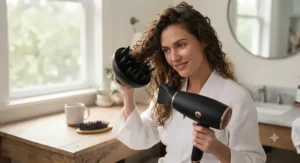 Drying curly hair using a hair dryer with large diffuser.