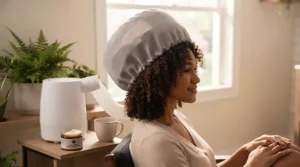 Woman using the best bonnet hair dryer for an at-home deep conditioning treatment.