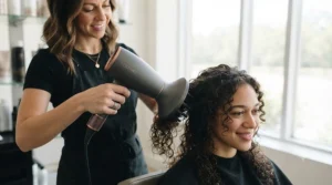 Person styling curly hair using hair dryer with diffuser.