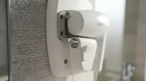 Secure wall mounting bracket for hotel style wall mounted hair dryer.