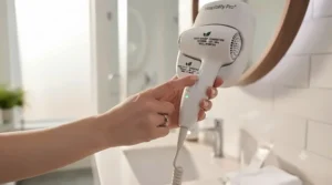 Energy-efficient wall mounted hair dryer with multiple heat settings.