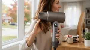 Lightweight, ergonomic rechargeable hair dryer being held during hair styling.