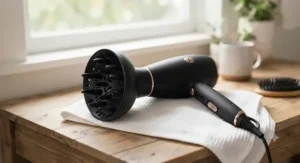 Ergonomic hair dryer with large diffuser for easy handling.