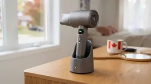 Cordless hair dryer docked on its charging base for easy power replenishment.