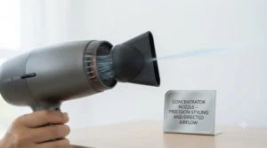 Concentrator nozzle attached to a mid-range hair dryer for styling. Embout concentrateur fixé sur un séchoir à cheveux de milieu de gamme pour le coiffage.