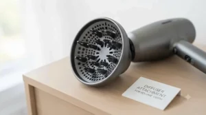 Close-up of a diffuser attachment for a mid-range hair dryer. Gros plan sur un diffuseur pour séchoir à cheveux de milieu de gamme.