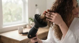 Gentle hair dryer with large diffuser for curly hair care.