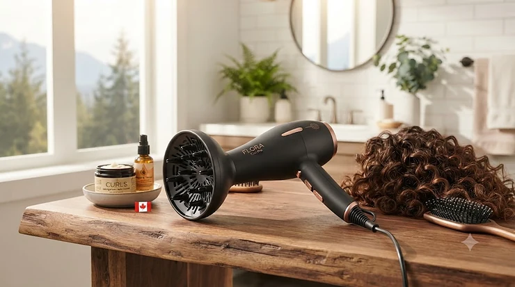 Hair dryer for curly hair on a wooden vanity. | Séchoir pour cheveux bouclés sur une vanité en bois.