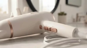 Panel layout illustrating multi-level heat settings and the cool-shot button on a low-wattage hair dryer for safe styling.