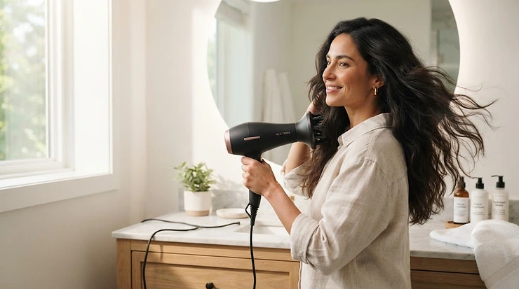 Sleek high-wattage hair dryer for thick hair styling quickly in a bright Canadian home bathroom.