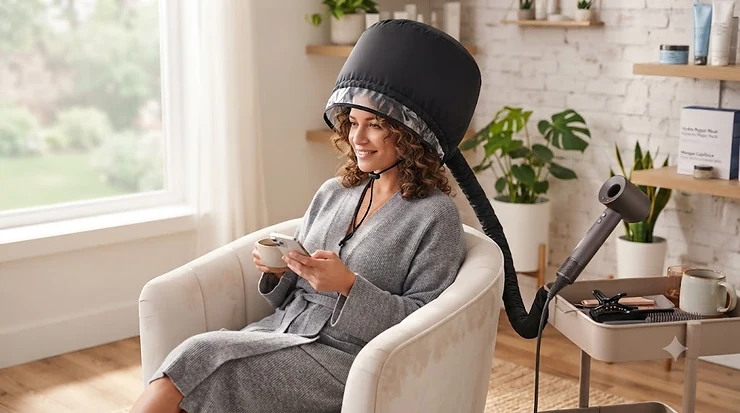 Woman using a hooded dryer attachment for deep conditioning at home.