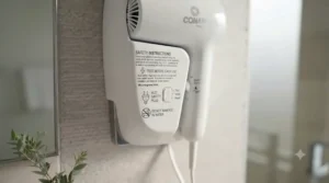 Close-up of hotel style wall mounted hair dryer with safety overheat protection.