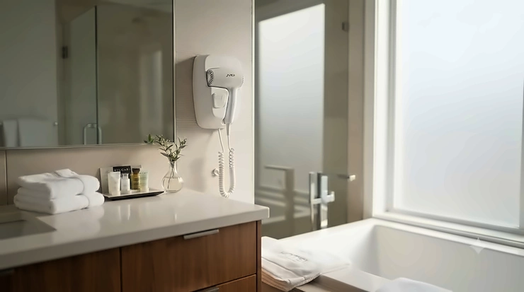 Modern hotel bathroom featuring a wall-mounted hair dryer for guest convenience.