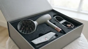 Ionic hair dryer with built-in diffuser for less frizz.