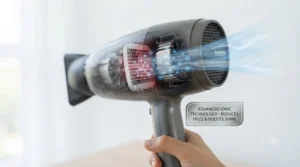 Diagram showing ionic technology in a mid-range hair dryer. Schéma illustrant la technologie ionique d'un séchoir à cheveux de milieu de gamme.