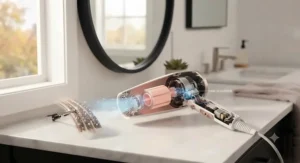 Diagram showing negative ions smoothing the cuticle of fine hair using a low-wattage blow dryer to eliminate static.