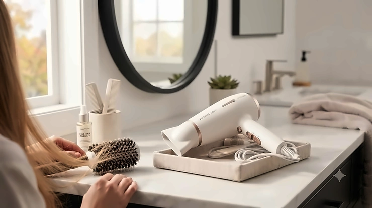 A compact low-wattage hair dryer for fine hair resting on a modern vanity, designed to prevent heat damage for Canadian styling routines.
