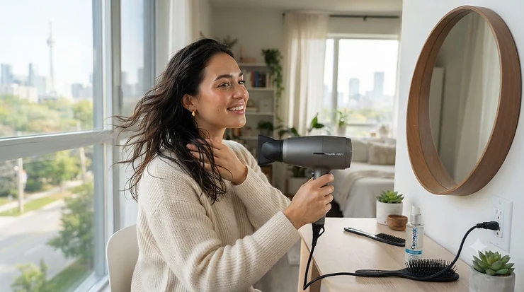 A person with healthy hair using a mid-range hair dryer at home. Une personne utilisant un séchoir à cheveux de milieu de gamme à la maison.