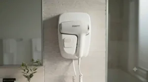 Sleek hotel style wall mounted hair dryer complementing modern bathroom decor.