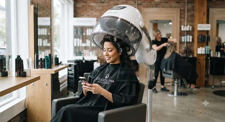 Professional salon hood dryer in a modern Canadian hair studio.