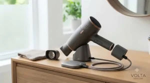 Technical graphic showing a battery powered hair dryer resting on a rapid-charge USB-C docking station.