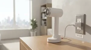 Vector art of a rechargeable wireless travel hair dryer plugged into a modern USB-C charging dock.