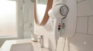 Close-up of safety features on a professional wall mounted hair dryer.