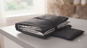 Collapsed hooded dryer attachment folded compactly for travel storage.