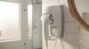 Convenient wall mounted hair dryer featuring an integrated shaver socket.