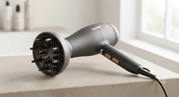 A sleek anti-frizz hair dryer for curly hair resting on a neutral background, popular among Canadians seeking salon-quality blowouts.