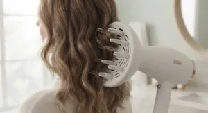 Close-up of the diffuser attachment on a beach wave hair dryer for defined, frizz-free curls.