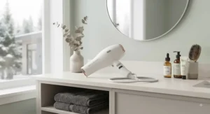 A sleek beach wave hair dryer resting on a vanity in a contemporary Canadian home.