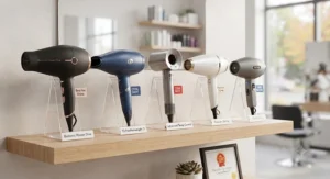 Top-rated cool-shot hair dryer for coloured hair models displayed on a clean wooden shelf