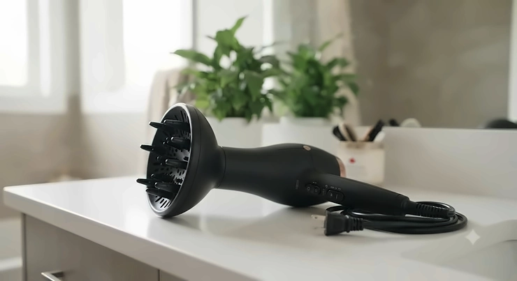 A professional hair dryer designed for 3C and 4C hair with a diffuser attachment, resting on a clean surface in a Canadian home.