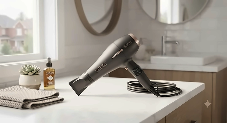 A sleek, professional hair dryer for straight hair resting on a clean vanity in a modern Canadian bathroom.
