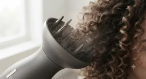 Close-up of a ceramic anti-frizz hair dryer nozzle focusing airflow to shape bouncy, frizz-free curls for daily styling.