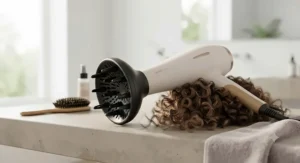 A ceramic hair dryer for heat-damaged hair equipped with a diffuser attachment, perfect for defining curls while preventing breakage.